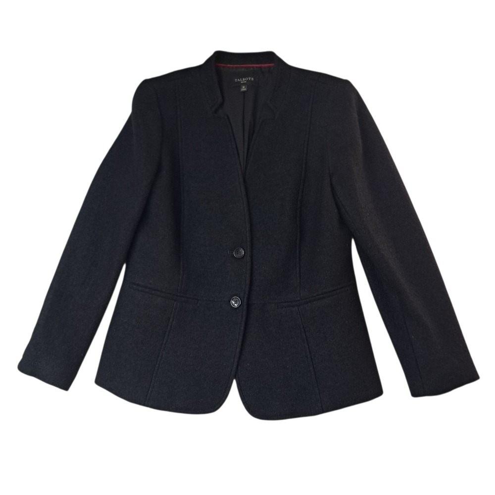 Talbots Boiled Wool Blend Blazer Jacket Women's 8 Petite Black Two Buttons Work